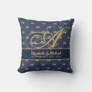 Coussin Nouveaux Mariés Couronne Or Bleu Marine Monogramme