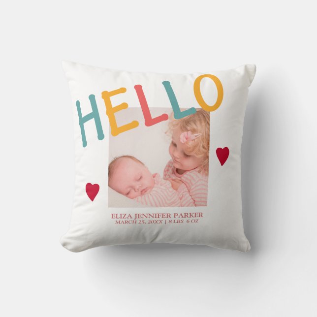Coussin Nouvelle typographie HELLO pour la nurserie en col (Recto)