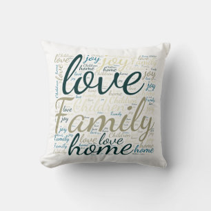 Coussin Nuage de mots Amour Famille Maison Vert Bleu Tan