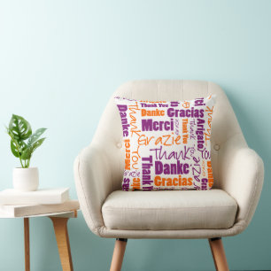 Coussin Nuage de mots de Merci violet et orange