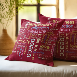 Coussin Nuage de mots de paix et d'amour inspirant rouge