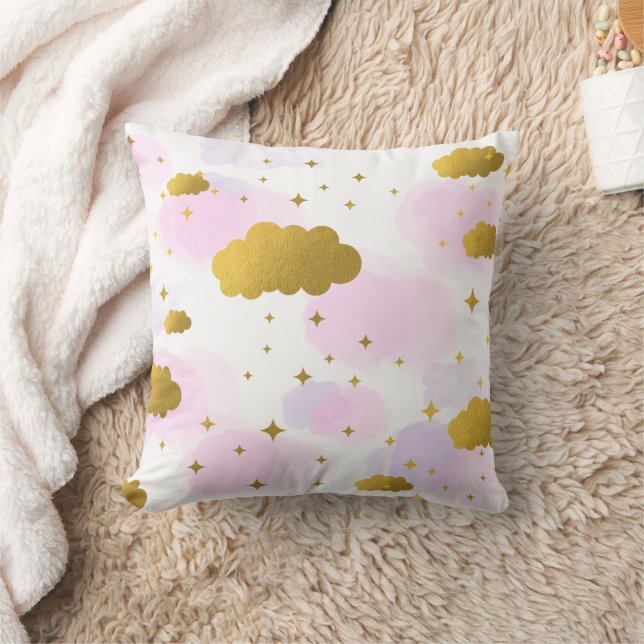Coussin Nuages aquarelles roses ciel étoiles dorées    (Couverture)