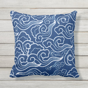 Coussin Nuages japonais vintages, bleu et blanc de cobalt