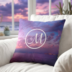 Coussin Nuages violets rose ciel océan photo coucher de so