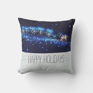 Coussin Nuit Bleue avec le Père Noël, Reindeer et Sleigh