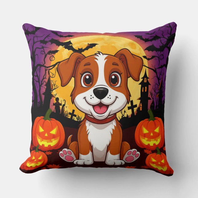 Coussin 🌙🐾 Nuit de citrouille de chiot mignon Halloween  (Recto)