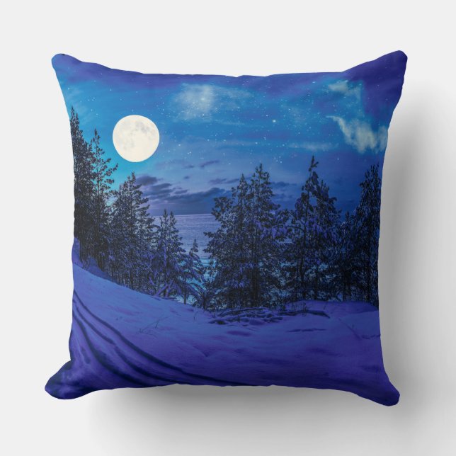 Coussin Nuit étoilée avec pleine lune en forêt (Recto)
