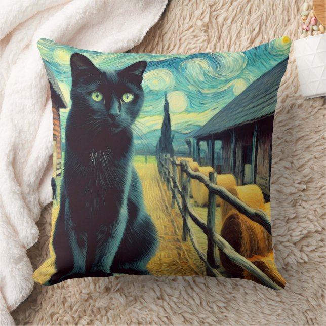 Coussin Nuit étoilée Chat noir Yeux verts (Couverture)