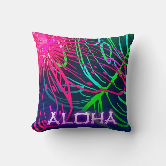 Coussin Nuit Tropicale Électrique Luau Néon Aloha (Recto)