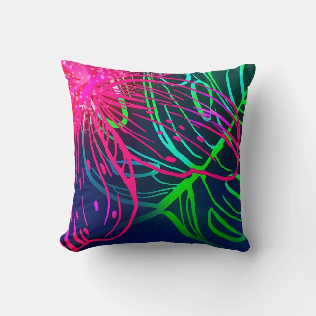 Coussin Nuit Tropicale Néon Aloha Luau Électrique (Recto)