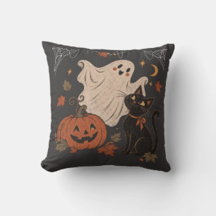 Coussin Nuit vintage d'Halloween avec citrouille et fantôm