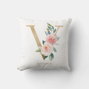 Coussin Nurserie avec monogramme en lettre V florale en fe