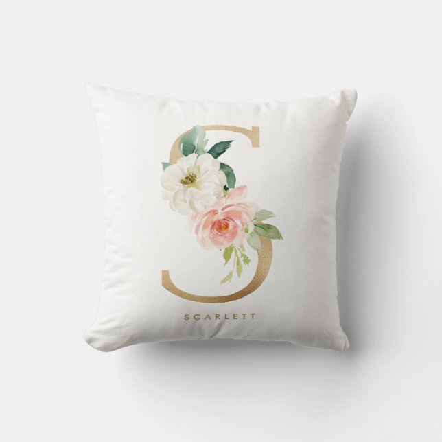 Coussin Nurserie de monogramme de lettre florale en feuill (Recto)