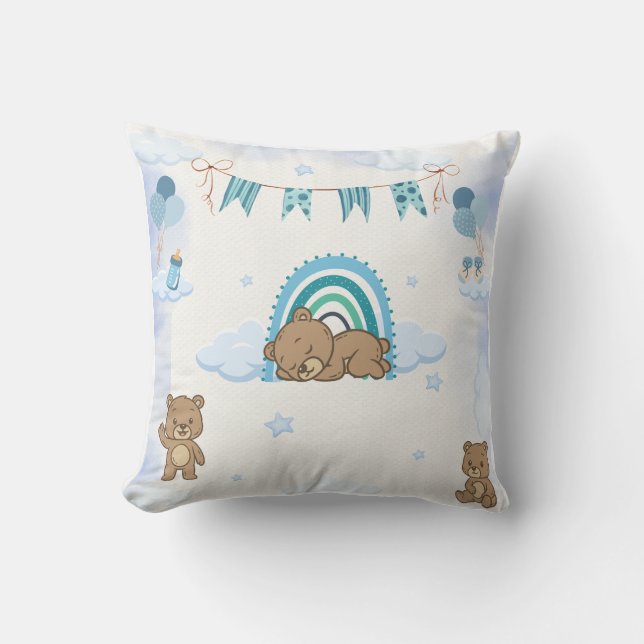 Coussin Nurserie Ourson Bleu Endormi (Recto)