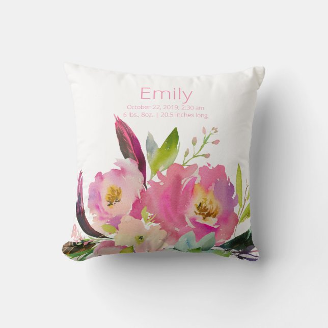 Coussin Nursery Fille Bébé Fleurs Roses Aquarelle Statisti (Recto)