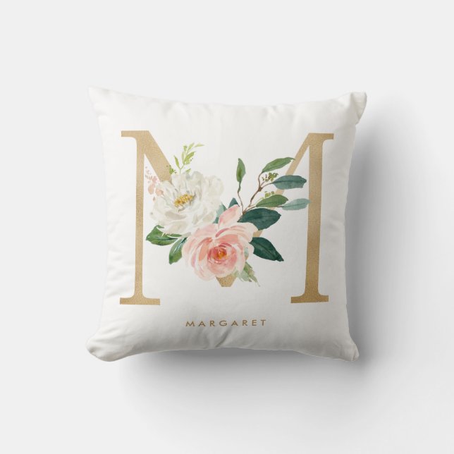 Coussin Nursery Monogramme Lettre M Florale Feuille D'Or F (Recto)