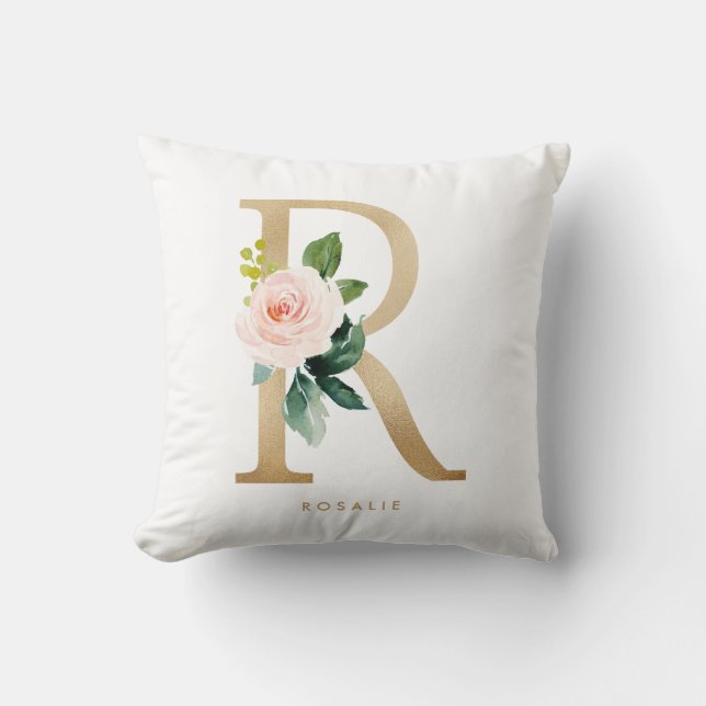 Coussin Nursery Monogramme Lettre R Fleurie Feuille Dorée  (Recto)