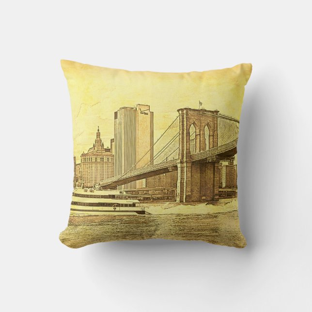 Coussin NYC Skyline Brooklyn Bridge Boat Etched Look #1 (Recto)