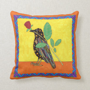 Coussin Oaxacan Crow & Red Rose mexicaine Folk Art