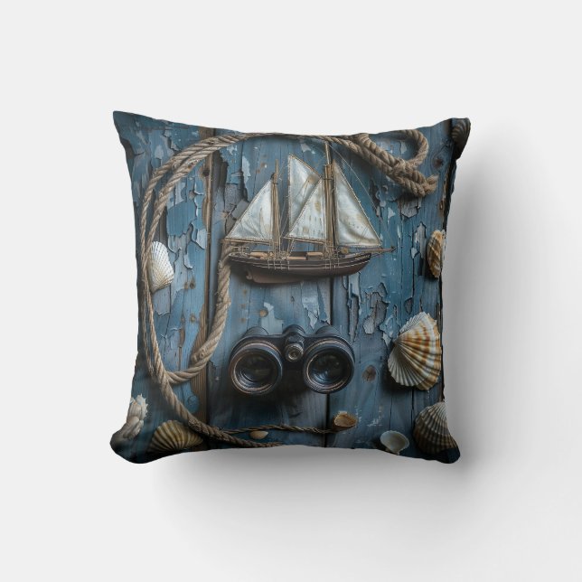 Coussin Objets nautiques sur un arrière - plan en bois (Recto)