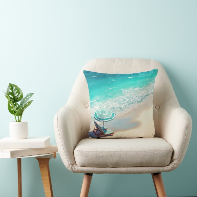 Coussin Ocean Beach Avec Chaise Lounge et Parapluie (Chaise)