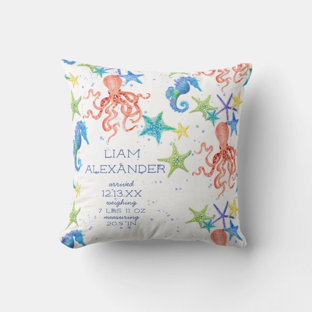 Coussin Ocean Beach Octopus Seahorse Boy Baby Birth Stat (Recto)