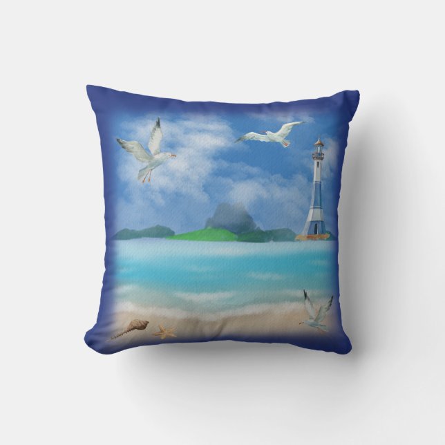 Coussin Ocean Beach Paradise Lighthouse Seaguls Coques (Recto)