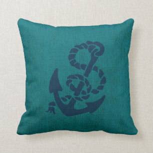 Coussin Océan nautique d'Ancre et de corde vert-bleu
