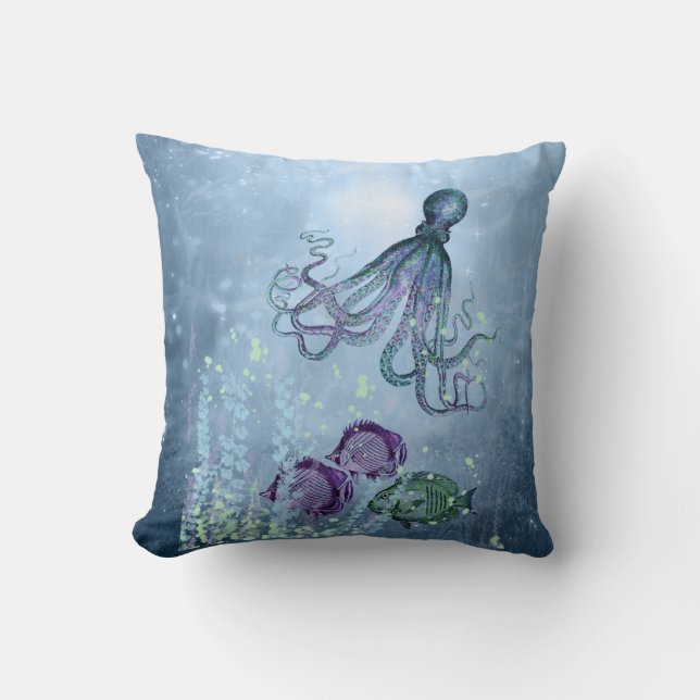 Coussin Océan Octopus Indigo Bleu Mauve Vert sous l'eau T (Recto)