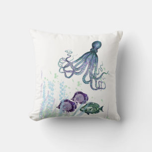 Coussin Océan Octopus Indigo Blue Mauve Green Sous-marin
