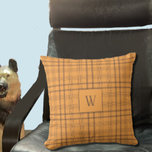 Coussin Ocre Brown Tartan Motif Monogramme Ecouteur