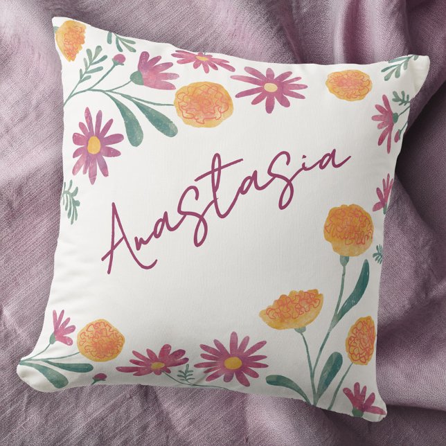 Coussin October Birth Month Marigold Cosmos Personalized (October birthday personalized birth month flower marigold cosmos floral watercolor throw pillow gift)