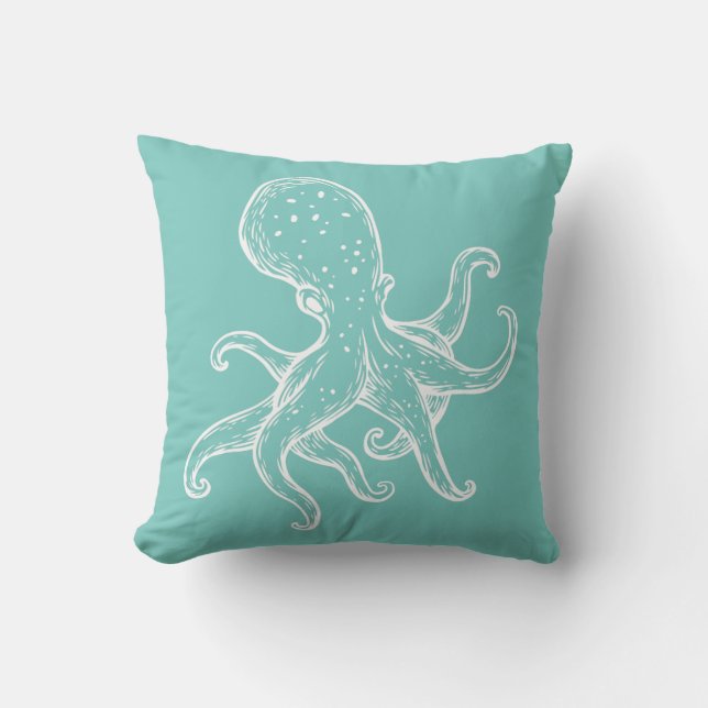 Coussin Octopus blanc en mer turquoise océan bleu marine (Recto)