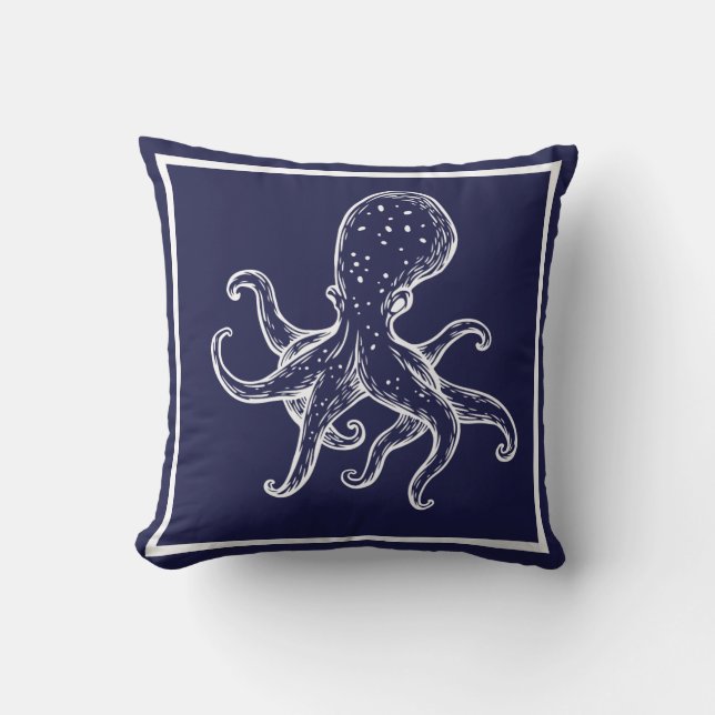Coussin Octopus blanc sur marine bleu marine marine (Recto)