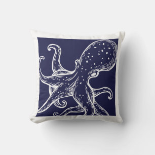 Coussin Octopus blanc sur marine bleu marine marine