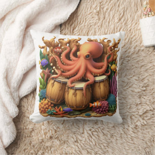 Coussin Octopus Coloré Jouer Des Tambours Parmi La Corail 