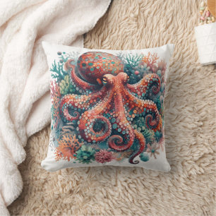 Coussin Octopus Coloré Parmi La Vie Vibrante Corail Reef