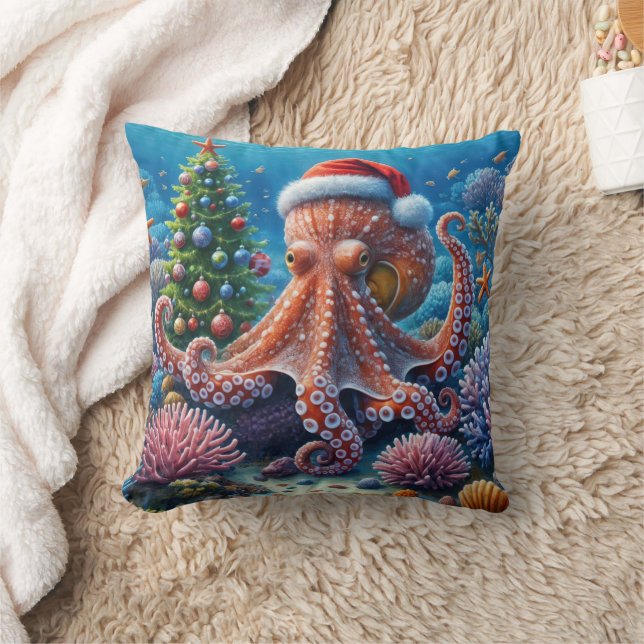 Coussin Octopus de Noël portant un chapeau de Père Noël (Couverture)