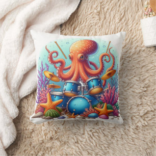Coussin Octopus Jouant Des Tambours Entre Récif De Corail 