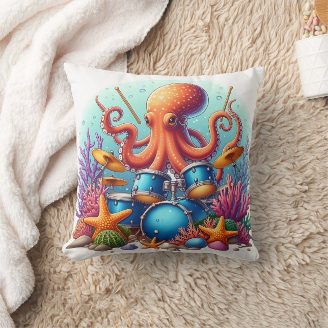Coussin Octopus Jouant Des Tambours Entre Récif De Corail  (Couverture)
