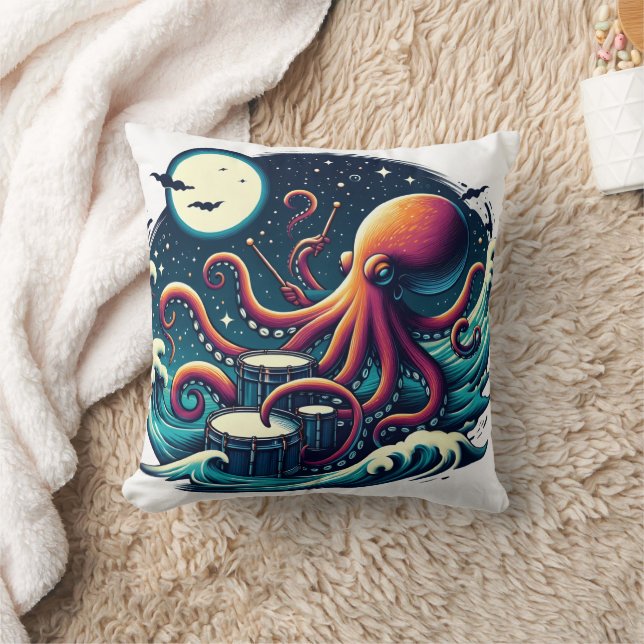 Coussin Octopus Jouant Des Tambours Sous Ciel Lune (Couverture)