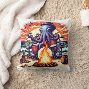 Coussin Octopus Jouer de la batterie au feu de camp de Sun