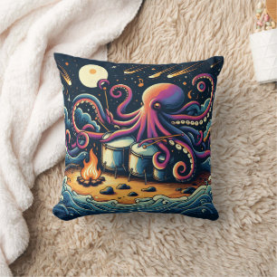 Coussin Octopus Jouer des tambours au feu de camp sous les