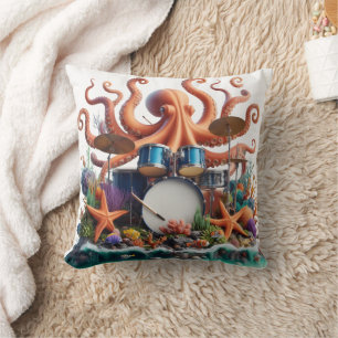 Coussin Octopus Jouer des tambours entourés de Coral Reef