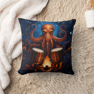 Coussin Octopus Jouer des tambours par feu de camp sous ci