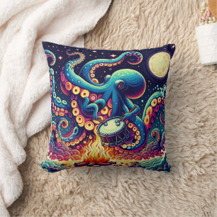 Coussin Octopus Jouer des tambours par feu de camp sous le