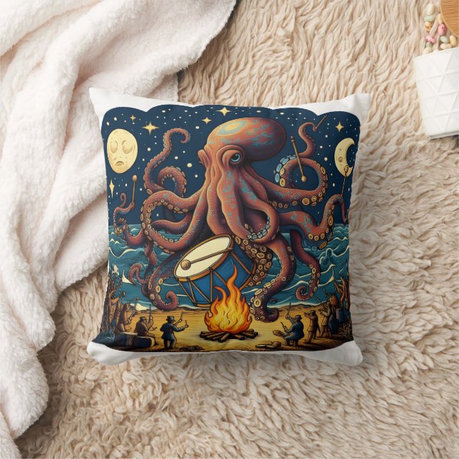 Coussin Octopus Jouer du tambour par feu de camp sous les  (Couverture)