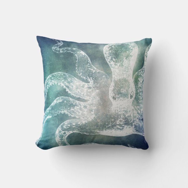 Coussin Octopus Midnight Blue Aquarelle Turquoise Art Vint (Recto)