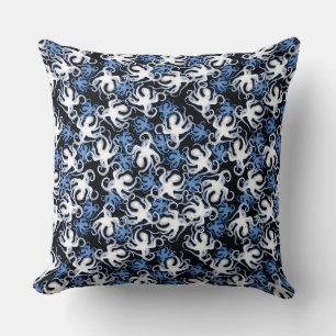 Coussin Octopus noir, blanc et bleu Motif sans couture