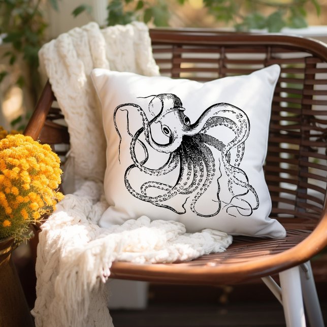 Coussin Octopus Vintage noir et blanc (Créateur téléchargé)
